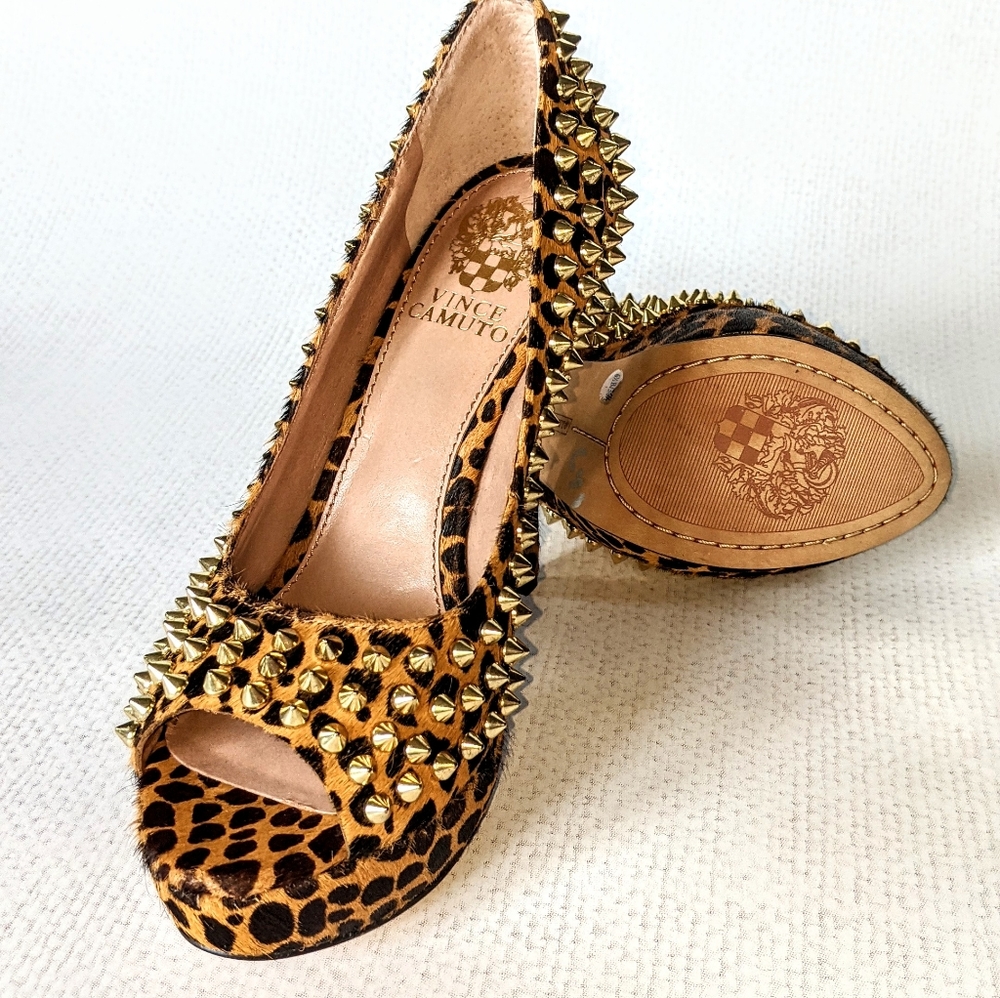 Vince Camuto Leopard Spiked Heels with Calf hair